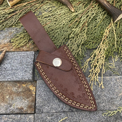 Damascus Steel Bowie Knife with Bull Horn & Wood Handle – 8" EDC Blade