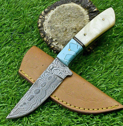 9 Inch Handmade Damascus Steel bowie Knife with bone Handle and Leather Sheath