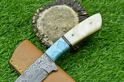 9 Inch Handmade Damascus Steel bowie Knife with bone Handle and Leather Sheath