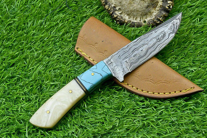 9 Inch Handmade Damascus Steel bowie Knife with bone Handle and Leather Sheath