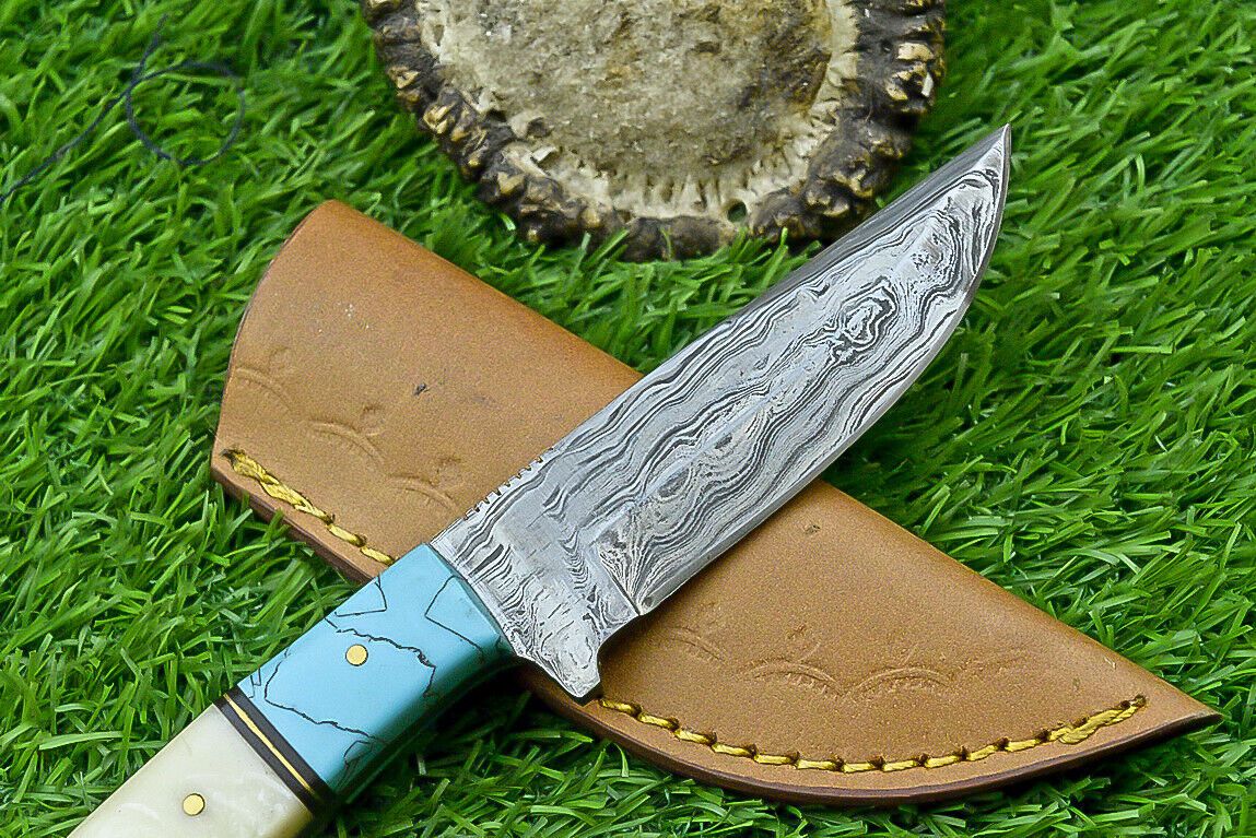 9 Inch Handmade Damascus Steel bowie Knife with bone Handle and Leather Sheath