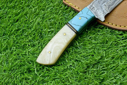 9 Inch Handmade Damascus Steel bowie Knife with bone Handle and Leather Sheath
