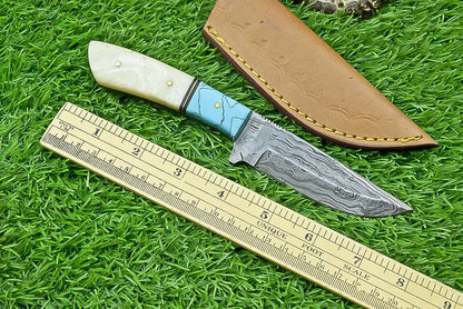 9 Inch Handmade Damascus Steel bowie Knife with bone Handle and Leather Sheath