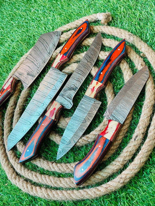 Custom Handmade 5-Piece Damascus Steel Chef Knife Set with Leather Bag
