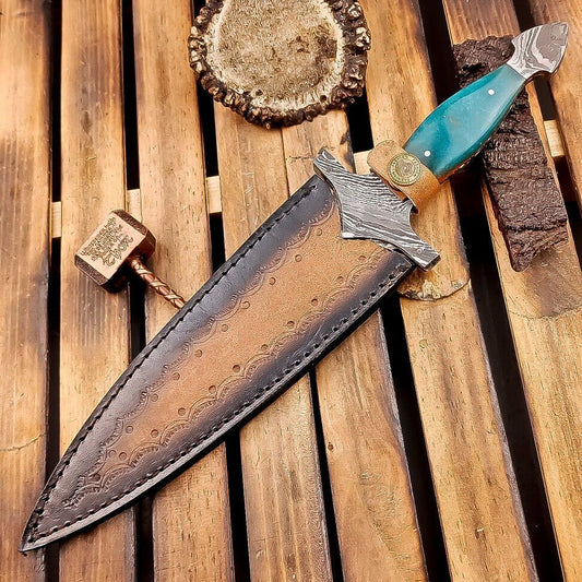 12" Tactical Damascus Dagger Bowie Knife – Resin Handle & Leather Sheath