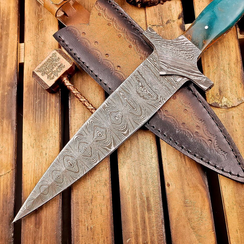 12" Tactical Damascus Dagger Bowie Knife – Resin Handle & Leather Sheath