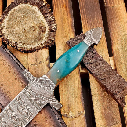 12" Tactical Damascus Dagger Bowie Knife – Resin Handle & Leather Sheath