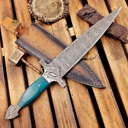 12" Tactical Damascus Dagger Bowie Knife – Resin Handle & Leather Sheath