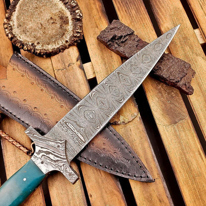 12" Tactical Damascus Dagger Bowie Knife – Resin Handle & Leather Sheath