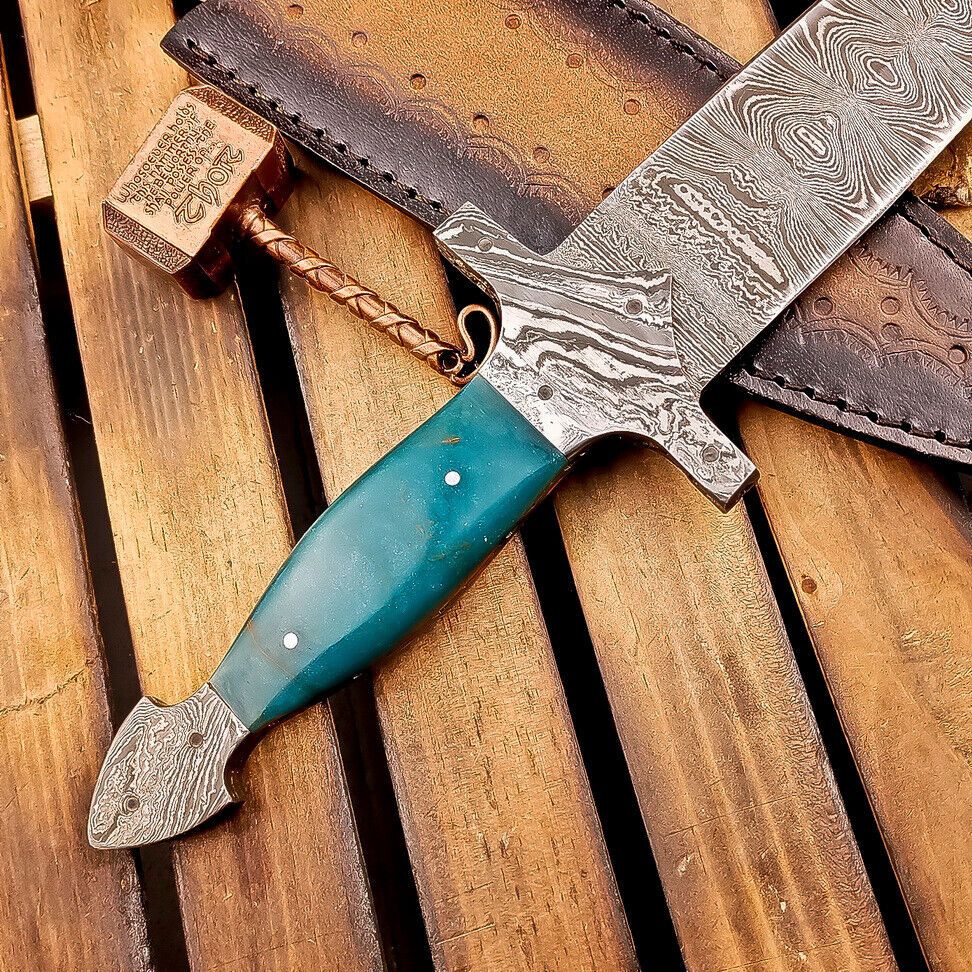 12" Tactical Damascus Dagger Bowie Knife – Resin Handle & Leather Sheath