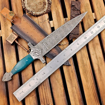 12" Tactical Damascus Dagger Bowie Knife – Resin Handle & Leather Sheath