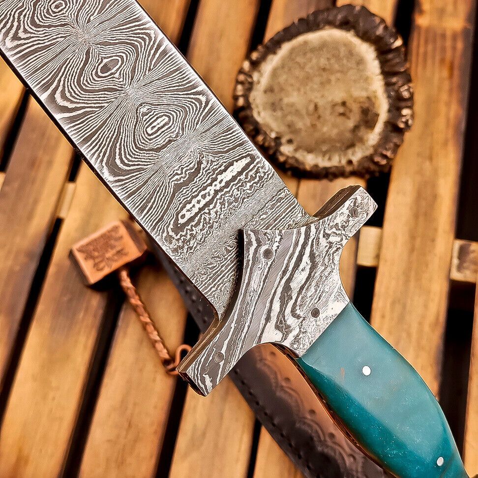 12" Tactical Damascus Dagger Bowie Knife – Resin Handle & Leather Sheath
