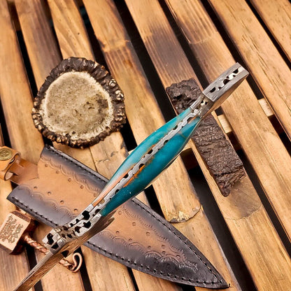 12" Tactical Damascus Dagger Bowie Knife – Resin Handle & Leather Sheath