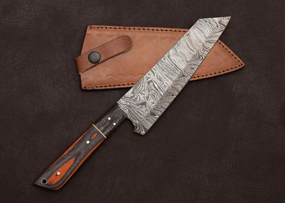 Custom Handmade Damascus Steel Outdoor Chef Knife with Pakka Wood Handle & Leather Sheath