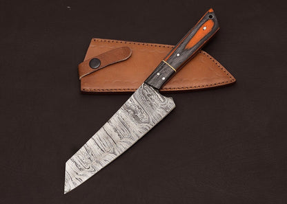 Custom Handmade Damascus Steel Chef & Hunting Knife 8" Blade Pakka Wood Handle