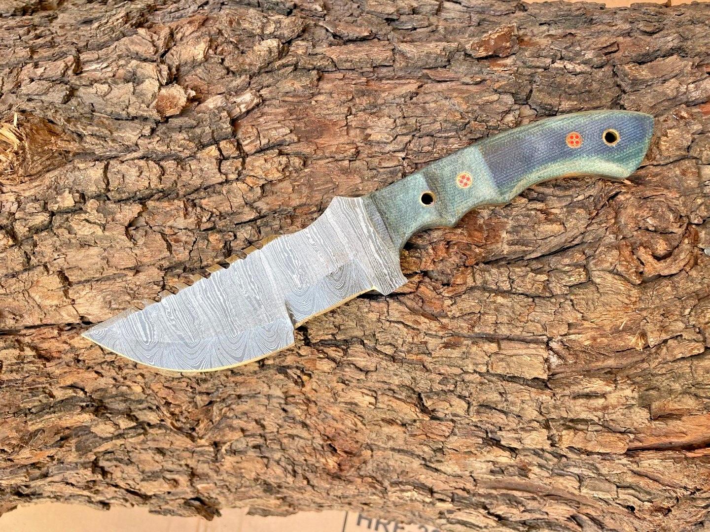 Custom Damascus Steel Boot Knife – 10" Camping Hunting EDC Tracker with Micarta Handle & Leather Sheath