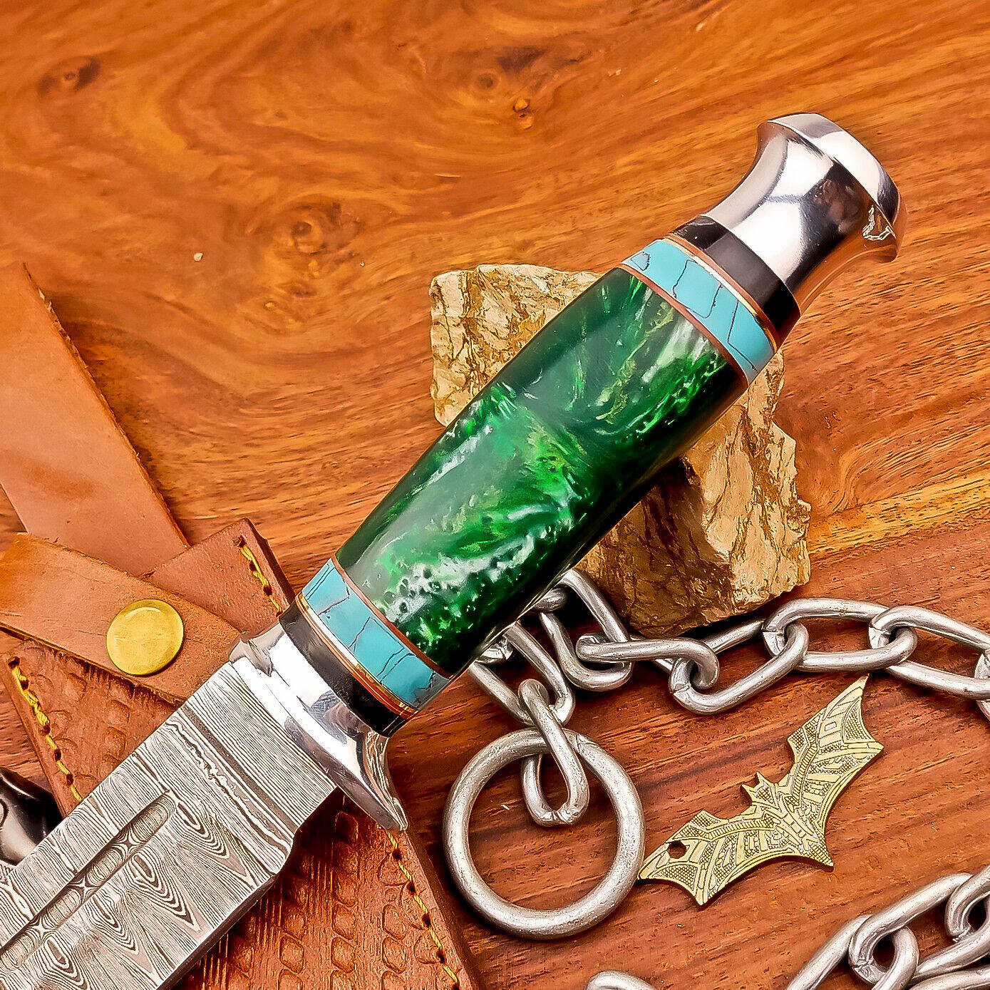 12 Inch Handmade Damascus Steel Bowie Knife with Resin Handle and Brass Bolster