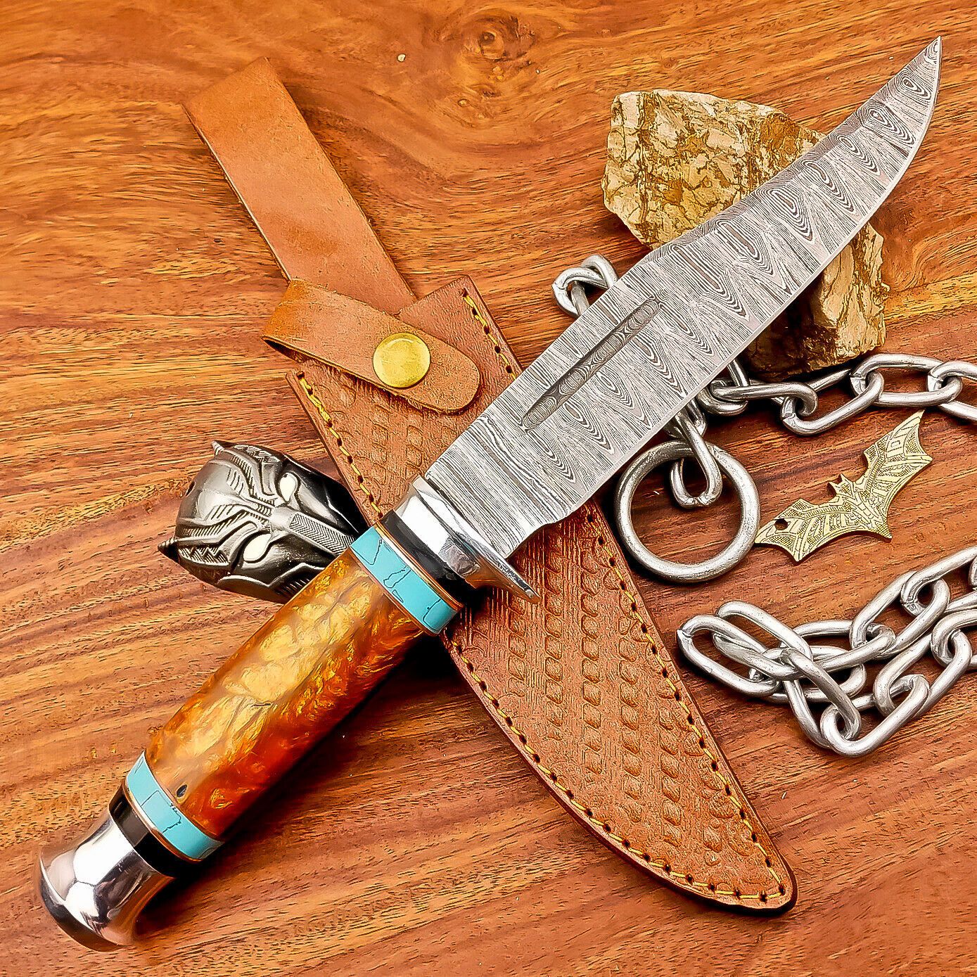 12 Inch Handmade Damascus Steel Bowie Knife with Resin Handle and Brass Bolster