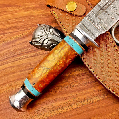 12 Inch Handmade Damascus Steel Bowie Knife with Resin Handle and Brass Bolster