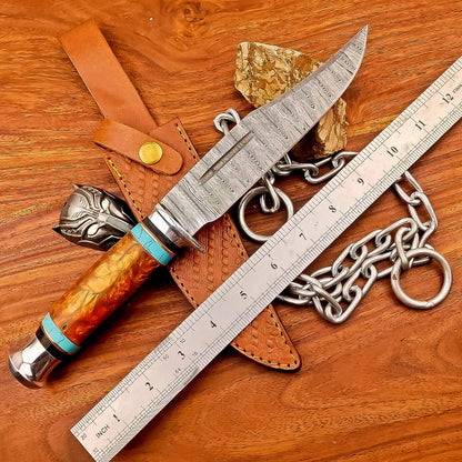 12 Inch Handmade Damascus Steel Bowie Knife with Resin Handle and Brass Bolster