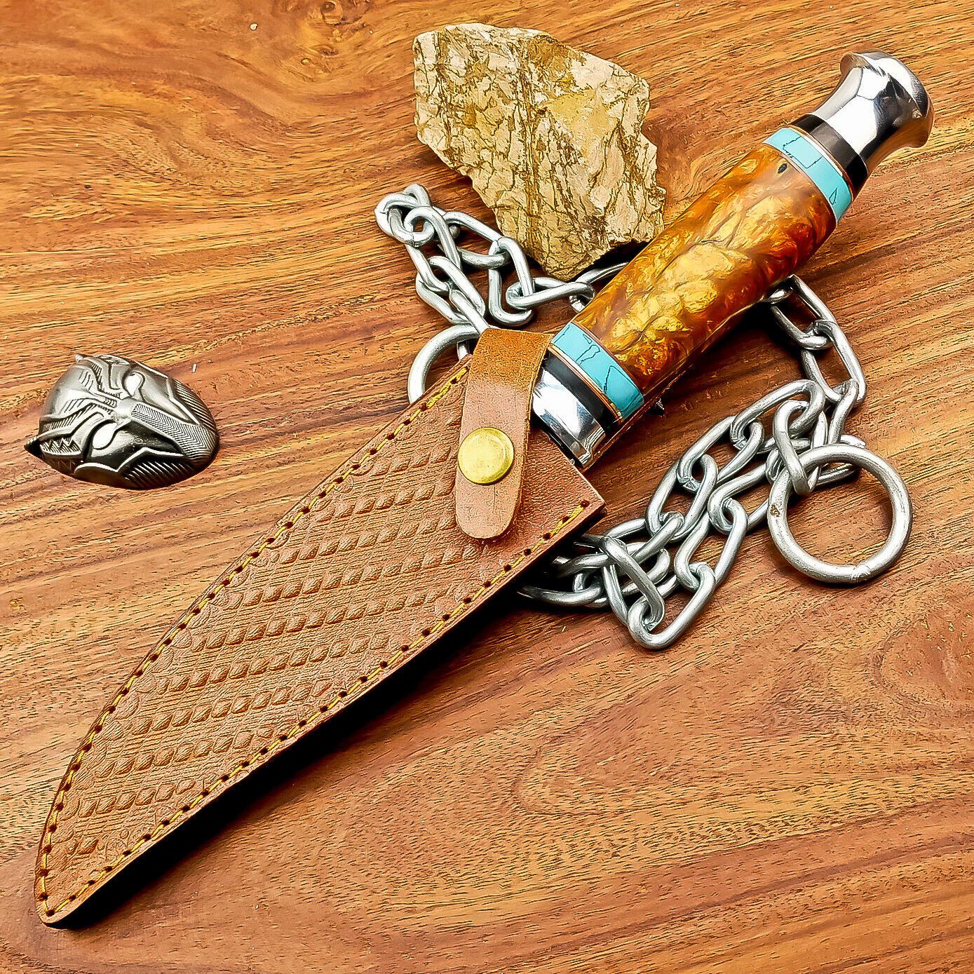 12 Inch Handmade Damascus Steel Bowie Knife with Resin Handle and Brass Bolster