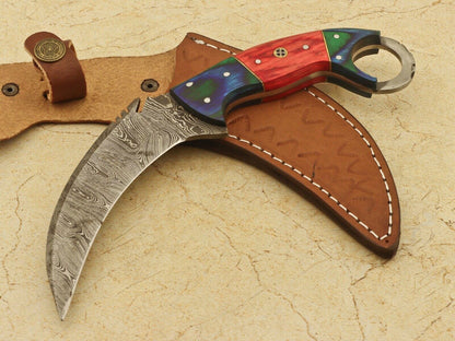 Hand Forged Damascus Karambit Knife 9” Damascus Steel Karambit Full Tang with Pakkawood