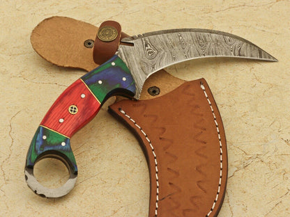 Hand Forged Damascus Karambit Knife 9” Damascus Steel Karambit Full Tang with Pakkawood