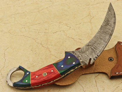 Hand Forged Damascus Karambit Knife 9” Damascus Steel Karambit Full Tang with Pakkawood