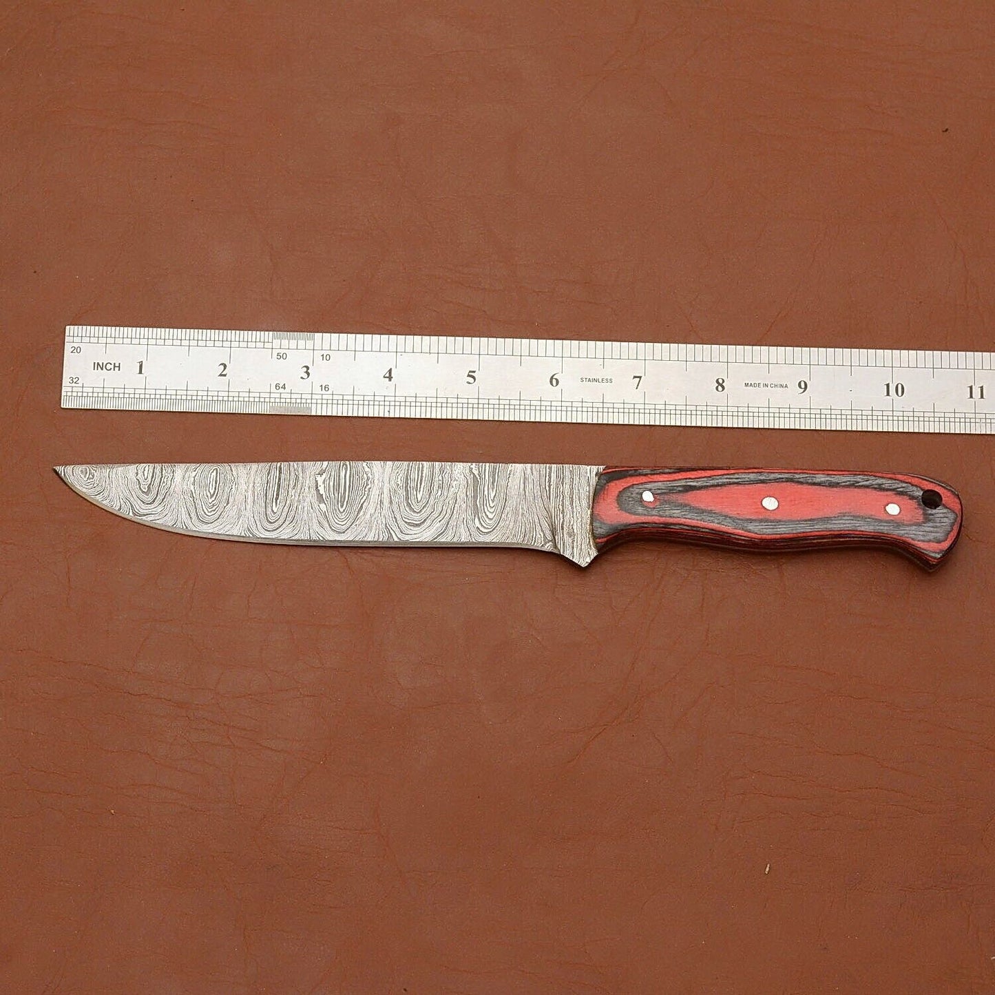 Handmade Damascus Steel Fillet Chef Knife | 12" Kitchen Knife with Wood Handle & Leather Sheath