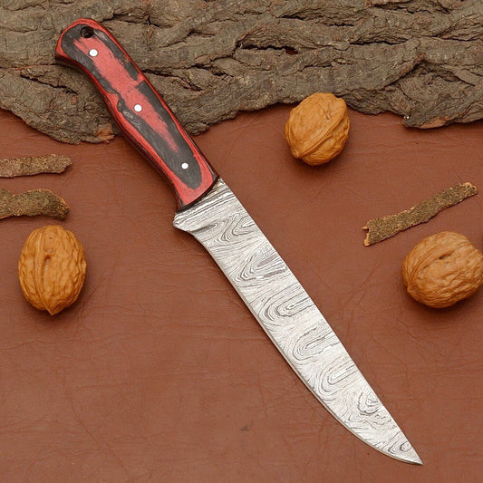 Handmade Damascus Steel Fillet Chef Knife | 12" Kitchen Knife with Wood Handle & Leather Sheath