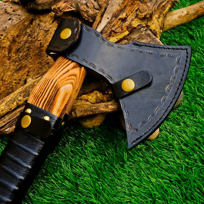 Custom Handmade Carbon Steel Viking Axe Tomahawk Throwing Hatchet with Ash Wood Handle and Leather Sheath