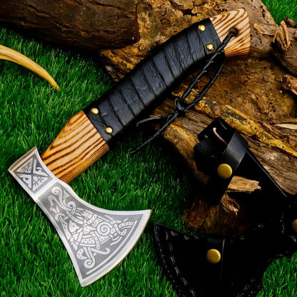 Custom Handmade Carbon Steel Viking Axe Tomahawk Throwing Hatchet with Ash Wood Handle and Leather Sheath
