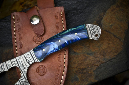Custom Forged Clever Chopper Axe Knife Twist Damascus with Micarta Handle and Leather Sheath