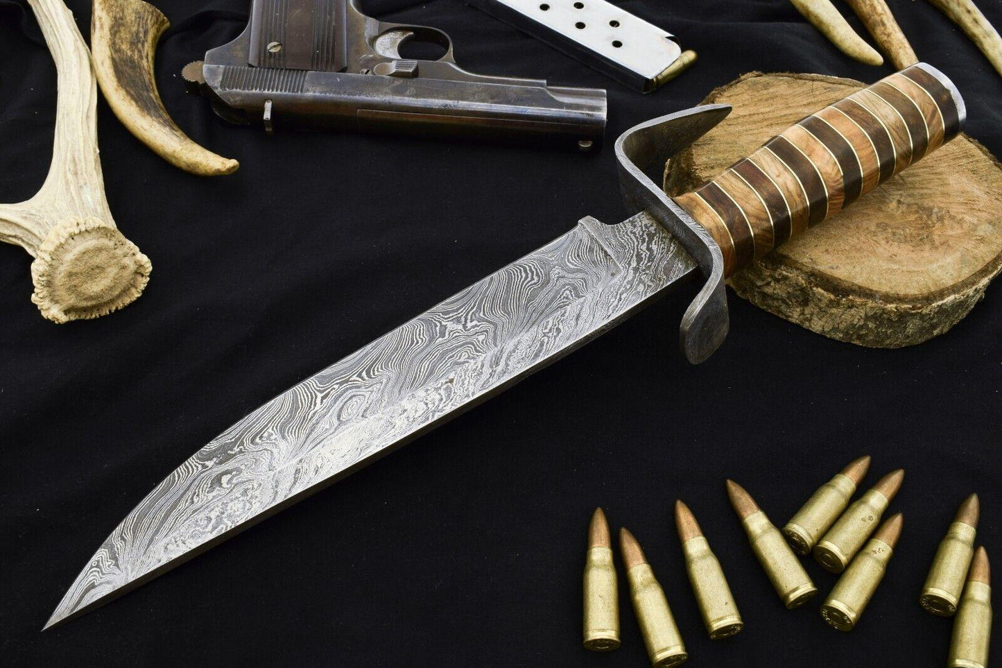 Heritage Forge 15" Damascus Steel Bowie Knife with Wood Handle and Damascus Guard