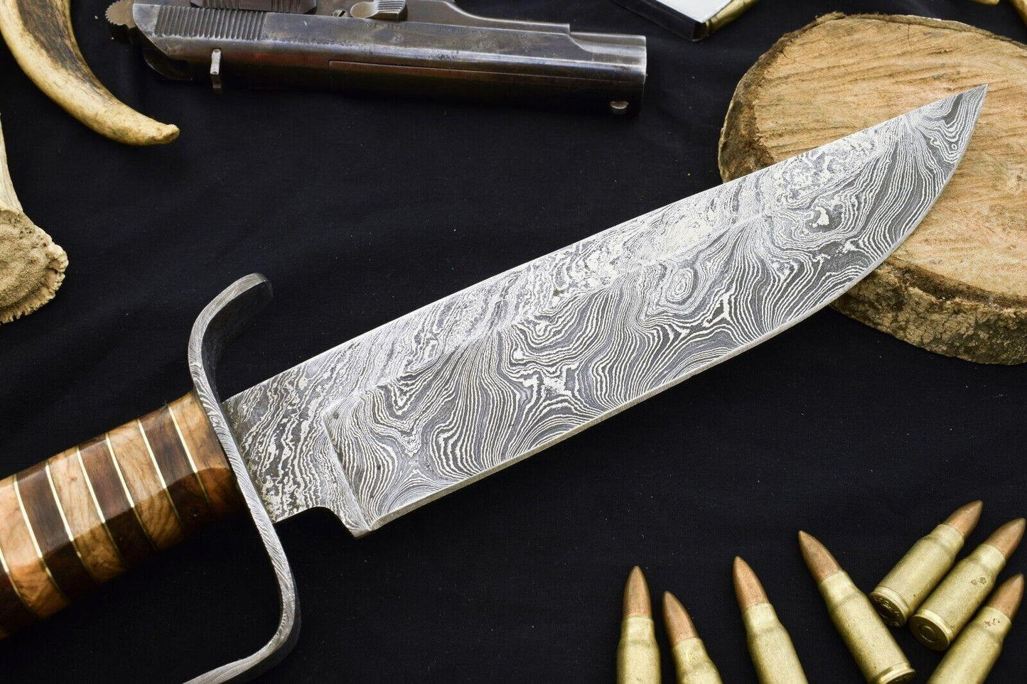 Heritage Forge 15" Damascus Steel Bowie Knife with Wood Handle and Damascus Guard