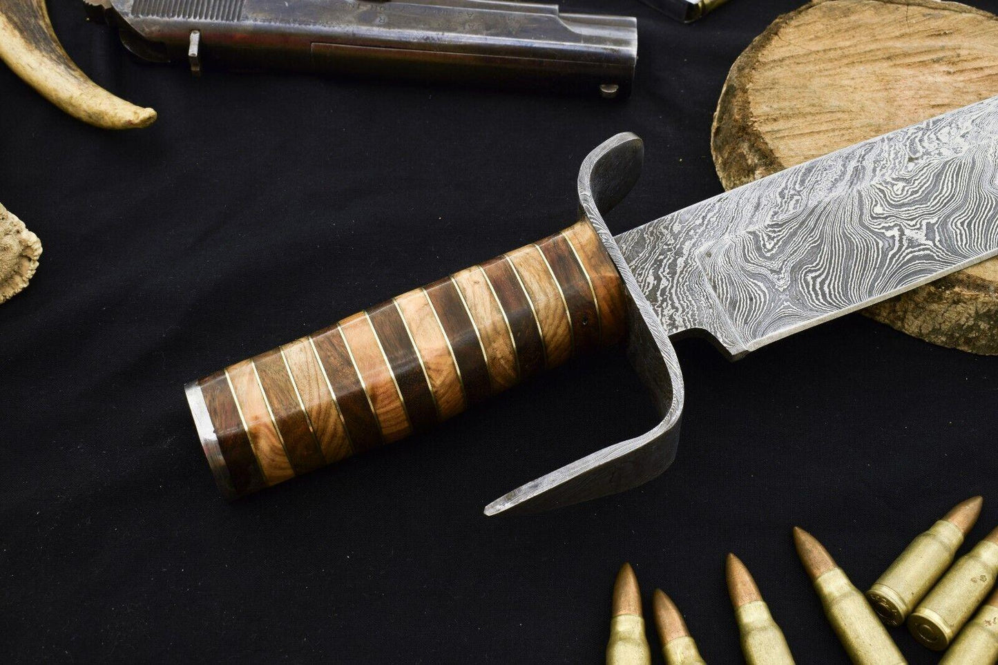 Heritage Forge 15" Damascus Steel Bowie Knife with Wood Handle and Damascus Guard