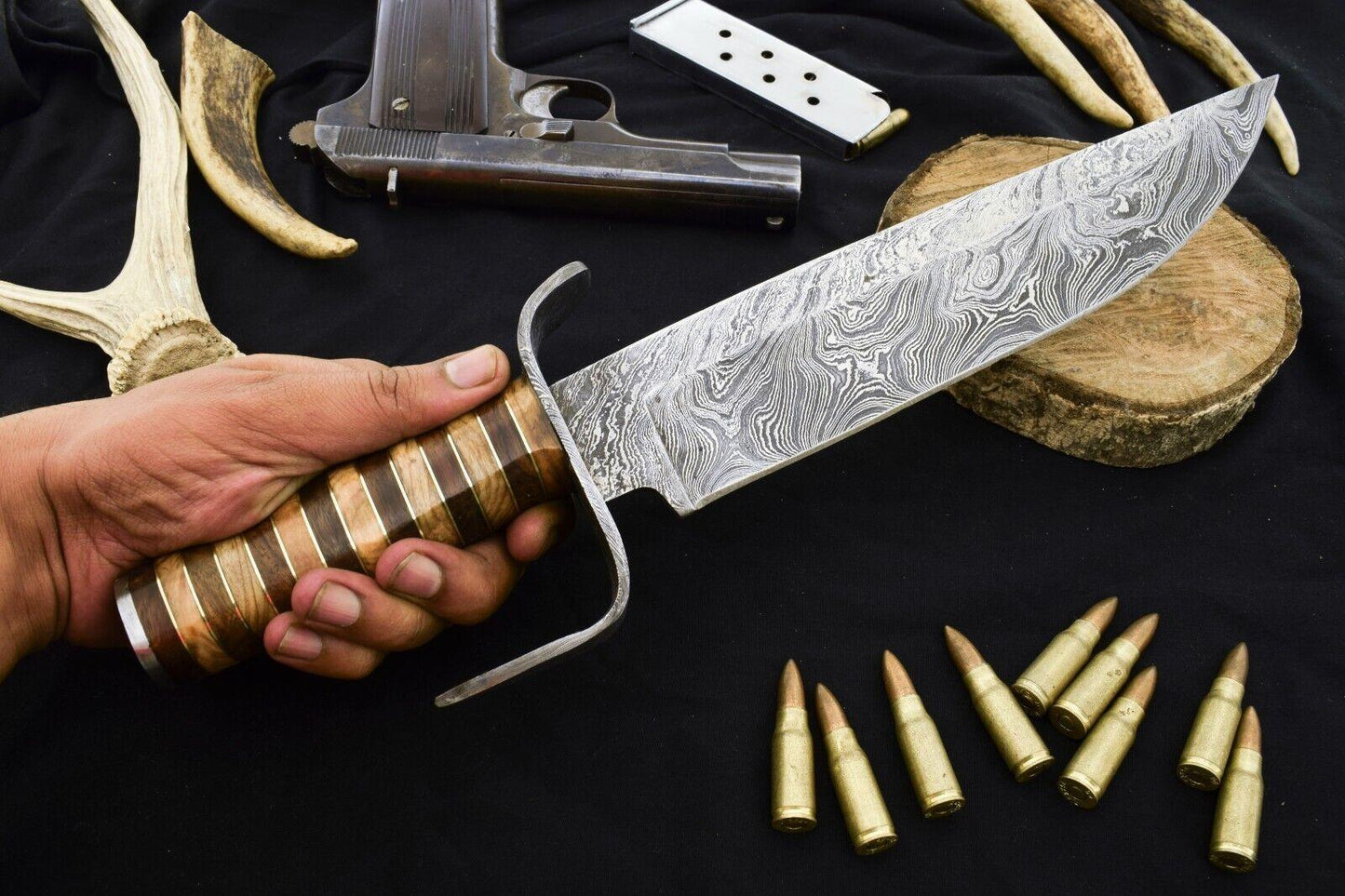 Heritage Forge 15" Damascus Steel Bowie Knife with Wood Handle and Damascus Guard