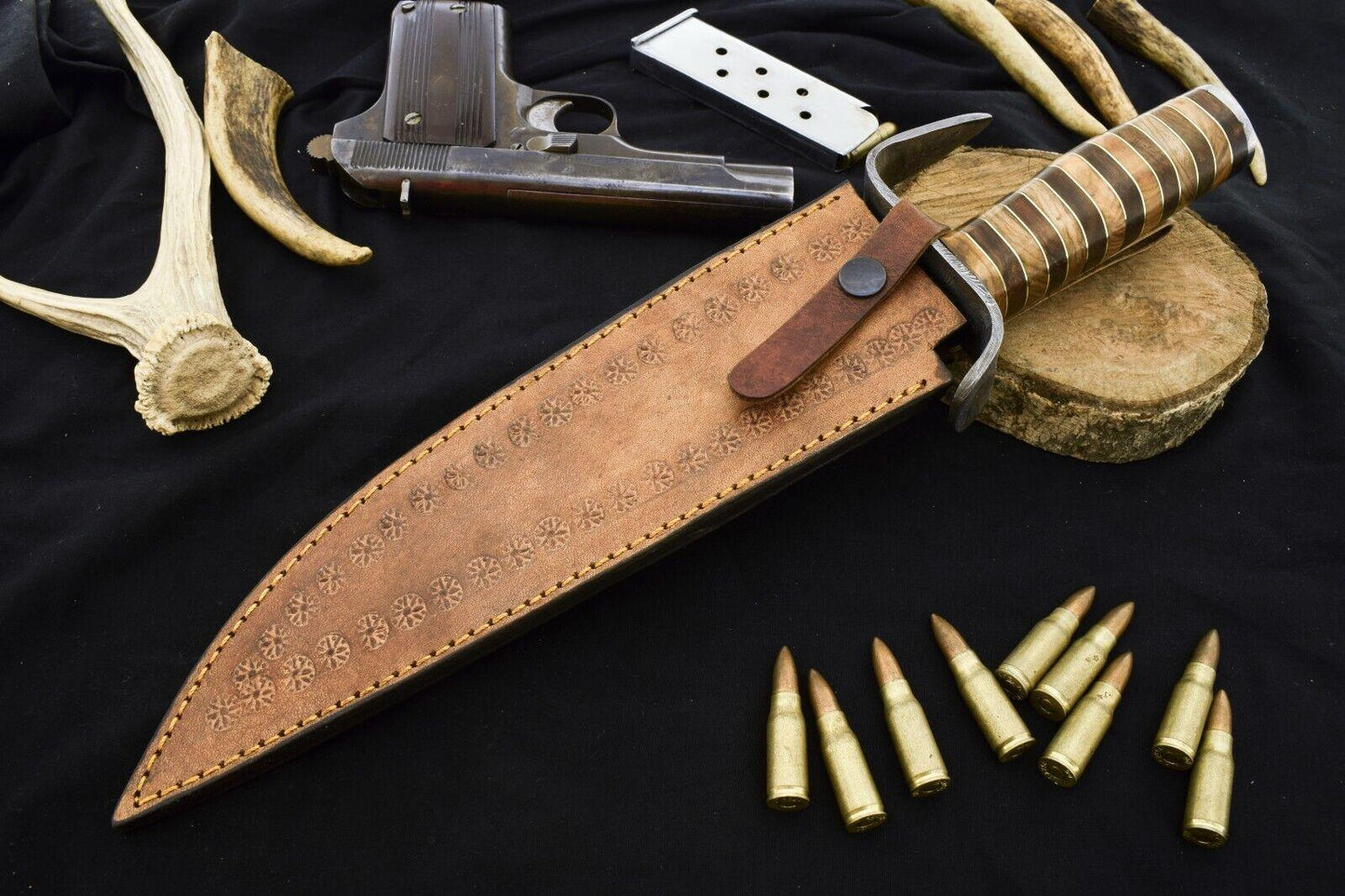 Heritage Forge 15" Damascus Steel Bowie Knife with Wood Handle and Damascus Guard