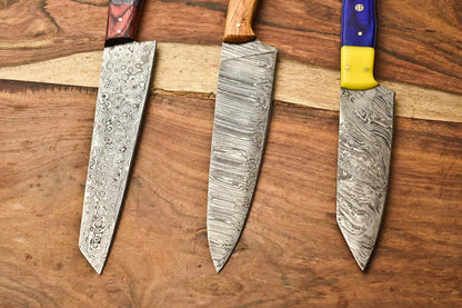 Lot Of 3 Handmade Damascus Blade Full Tang Chef Set Knives