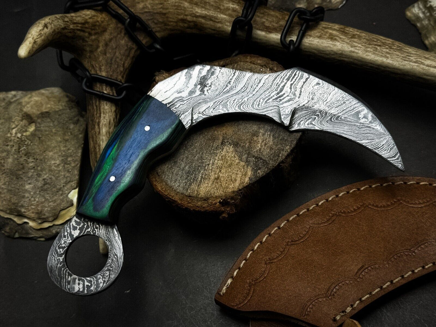 9” Handmade Damascus Karambit Knife Custom Damascus Steel Karambit with Wood Handle