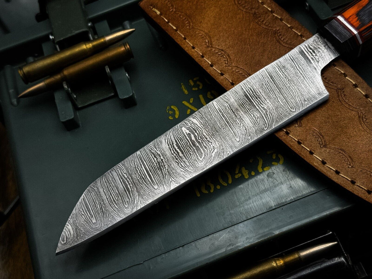 Handmade Damascus Steel Kitchen Chef Knife with Wood Handle & Cow Leather Sheath