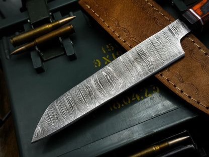 Handmade Damascus Steel Kitchen Chef Knife with Wood Handle & Cow Leather Sheath