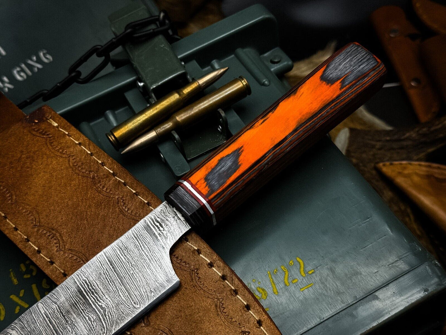 Handmade Damascus Steel Kitchen Chef Knife with Wood Handle & Cow Leather Sheath