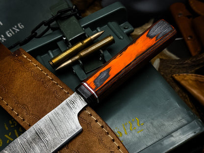 Handmade Damascus Steel Kitchen Chef Knife with Wood Handle & Cow Leather Sheath