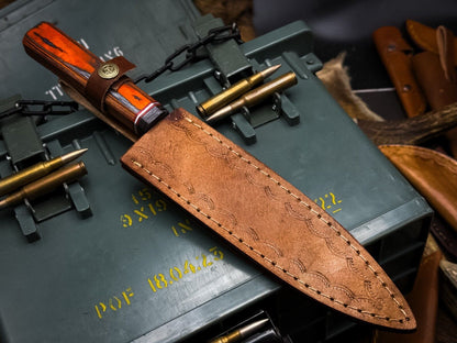 Handmade Damascus Steel Chef Knife, Full Tang, Wood Handle with Cow Leather Sheath