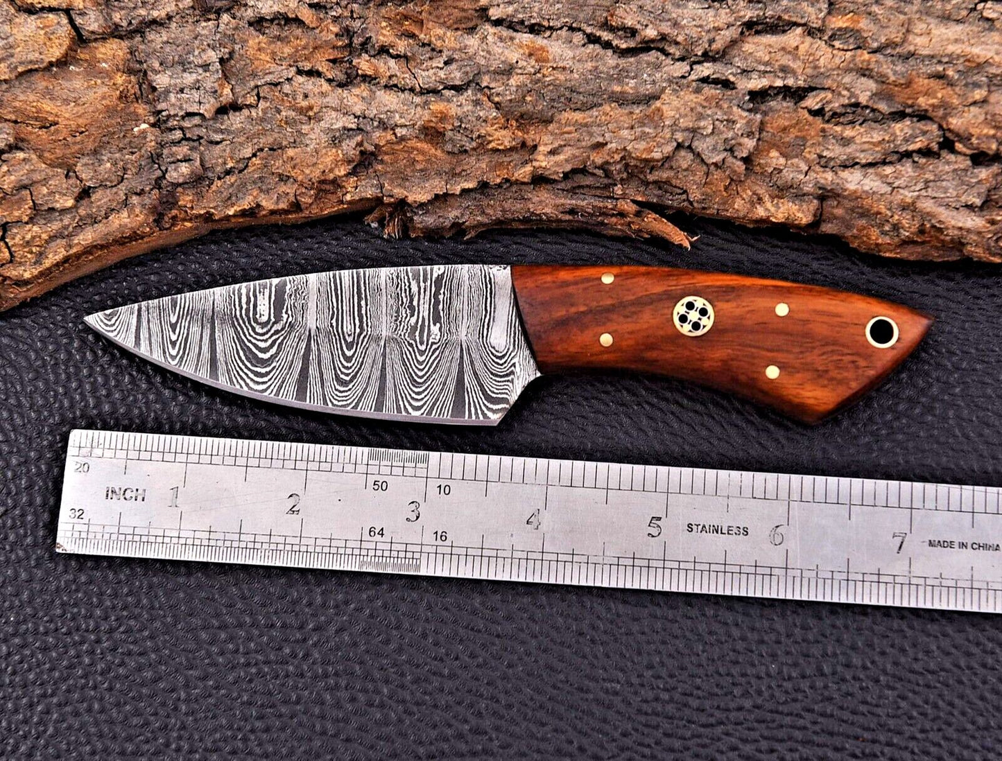Custom Handmade Raindrop Damascus Hunting Skinner Knife Wood Handle with Sheath