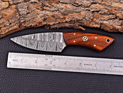 Custom Handmade Raindrop Damascus Hunting Skinner Knife Wood Handle with Sheath