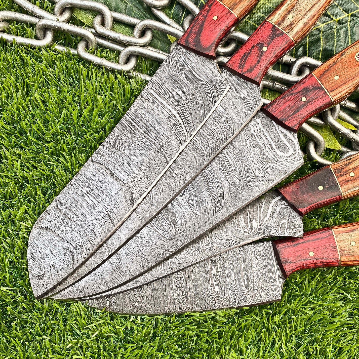 Lot of 5 Handmade Damascus Steel Full Tang Chef Knife Set – Premium Hardwood Handle