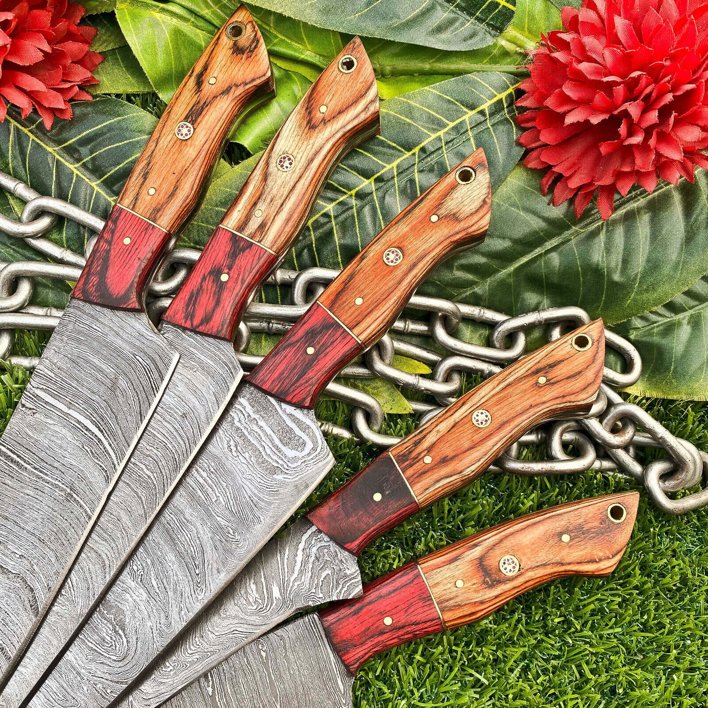 Lot of 5 Handmade Damascus Steel Full Tang Chef Knife Set – Premium Hardwood Handle