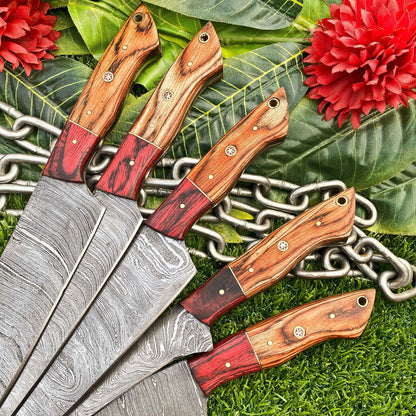 Lot of 5 Handmade Damascus Steel Full Tang Chef Knife Set – Premium Hardwood Handle